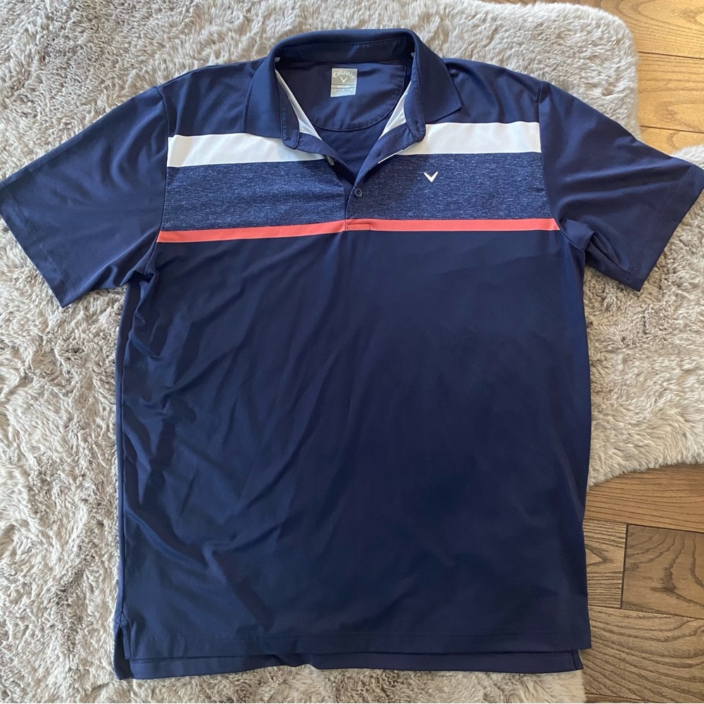 Calloway Mens polo shirt,  Large OptiDri Navy blue. Solid navy back. Lightweight